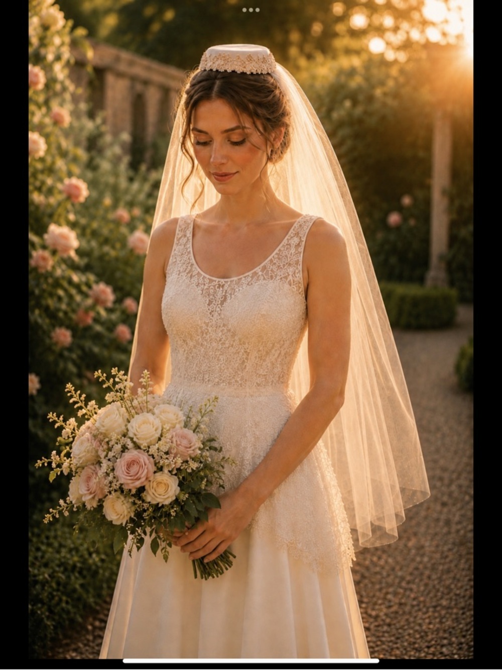 Vintage ivory bridal veil with pill hat and lace-trimmed comb. - Picture 2 of 10